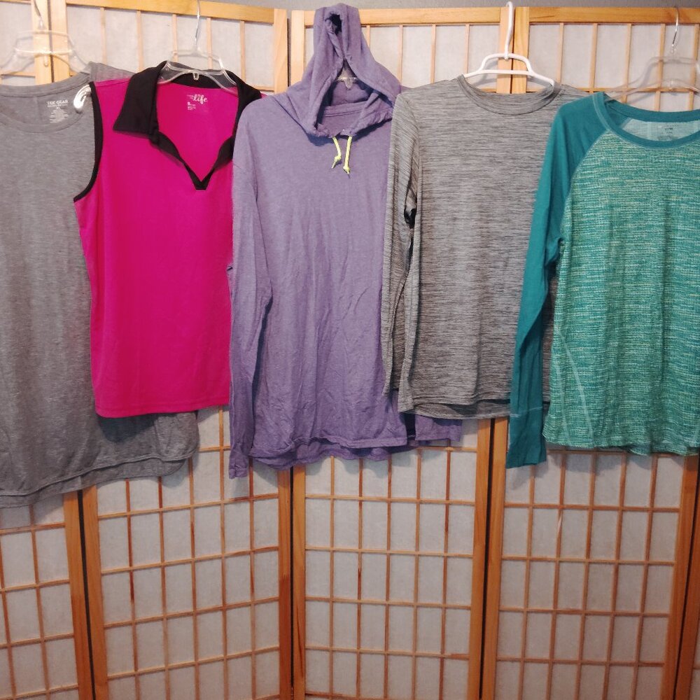 LOT OF 5/$20 WOMENS ATHLETIC TOPS SHIRTS QUICK DRI CHAMPION TEK GEAR~SIZE XL